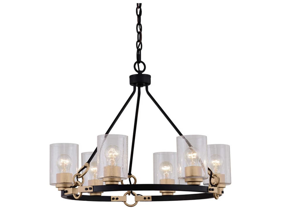 6-Light Richmond Chandelier in Matte Black and Brass with Seeded Glass