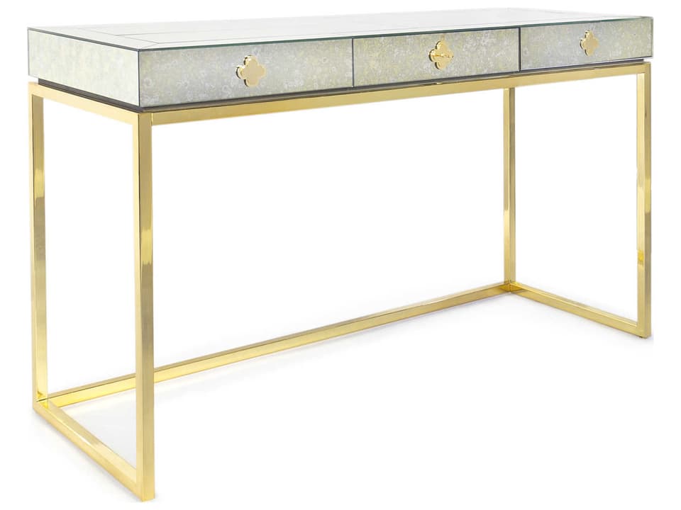 Delphine Antiqued Mirror Brass Gold Secretary Desk