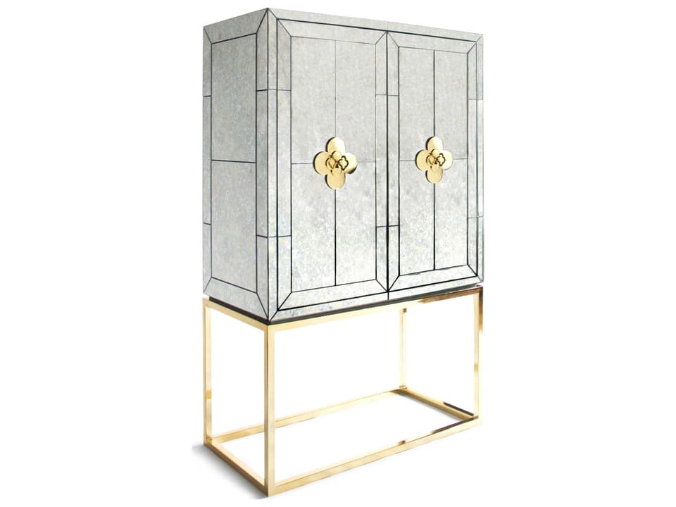 Delphine Mirrored Antiqued Mirror Brass Bar Cabinet