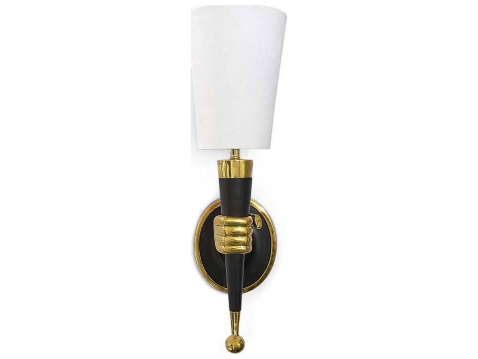 Brass Hand Wall Sconce with White Linen Shade