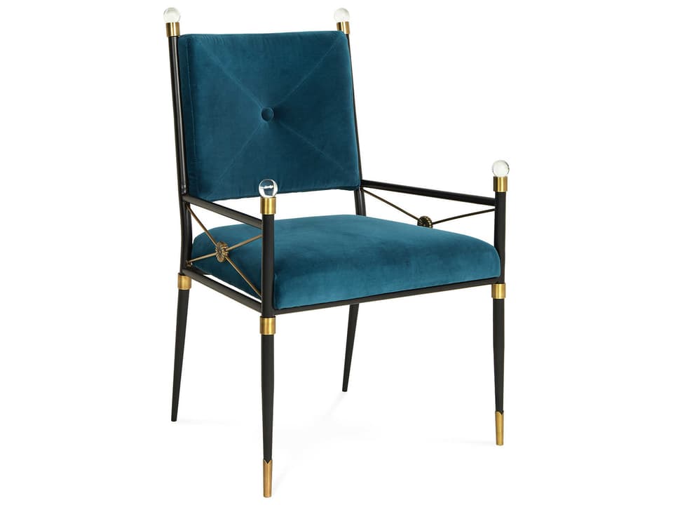 Rider Upholstered Arm Dining Chair in Rialto Peacock Velvet and Blackened Brass