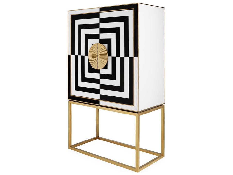 Op Art Bar Cabinet in Charcoal and Ivory with Polished Brass