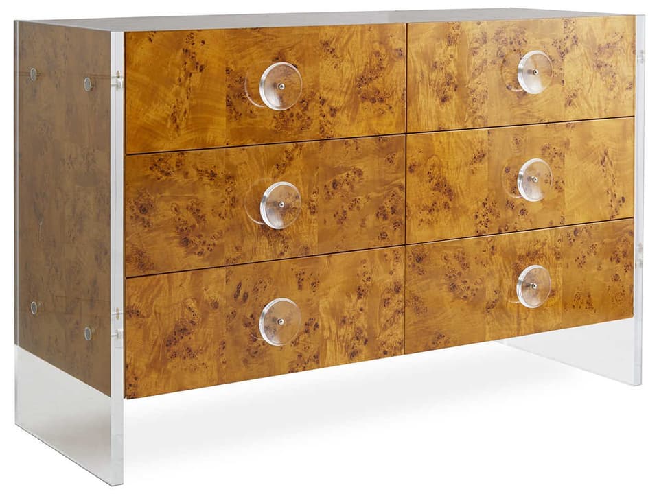 Bond 6-Drawer Double Dresser in Burled Mappa Wood and Acrylic