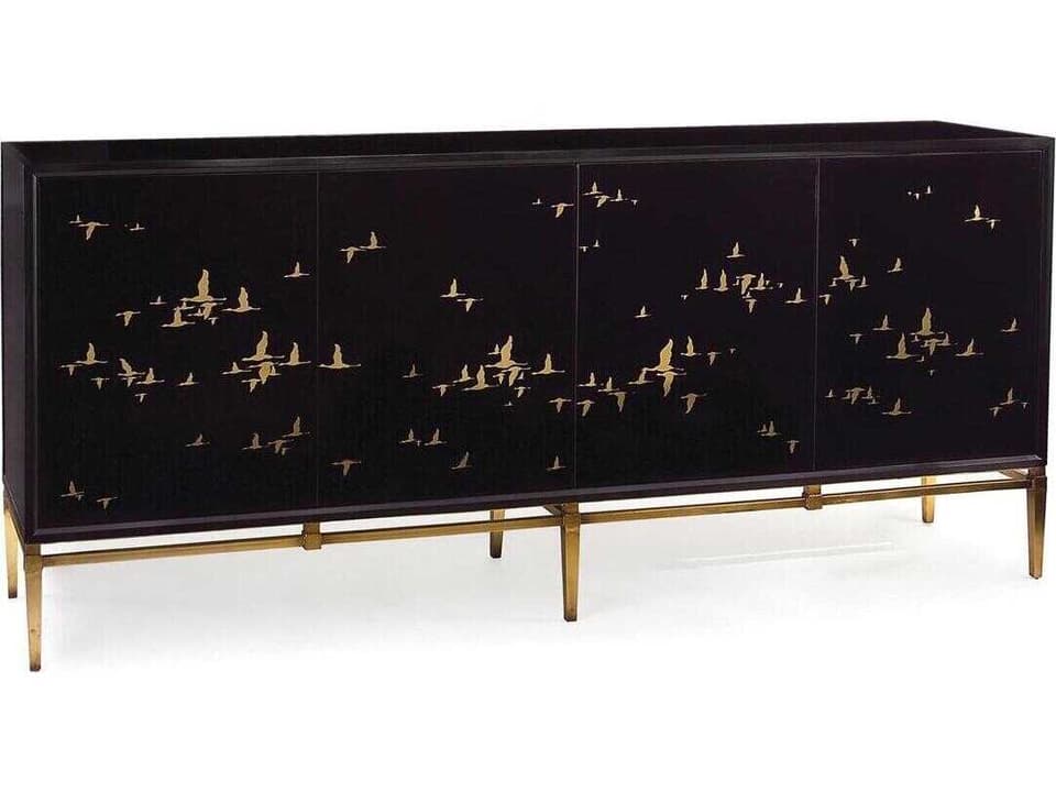 Migration Four-Door Credenza Black Glass with Old Gold Frame