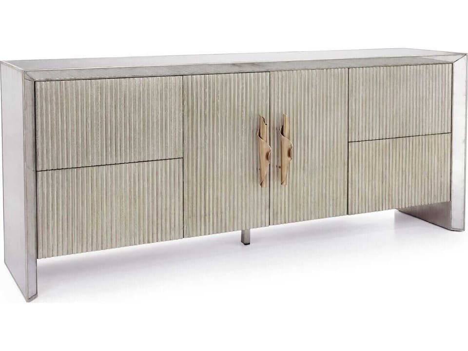 Moon Shadow Oak Wood Sideboard with Mirrored Glass and Fluted Drawers