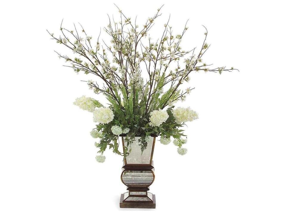 Mirrored Elegance Botanical Arrangement with Apple Blossoms and Hydrangeas