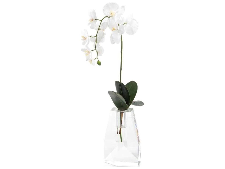 Crystal Orchid Decorative Accessory with Faux Water in Cut Crystal Vase