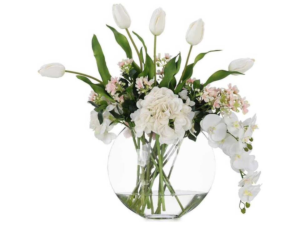 Springtime Blush Faux Floral Botanical in Clear Glass Vase