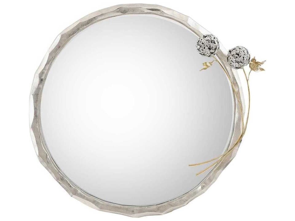 Hydrangea Nickel Round Wall Mirror with Floral Accents