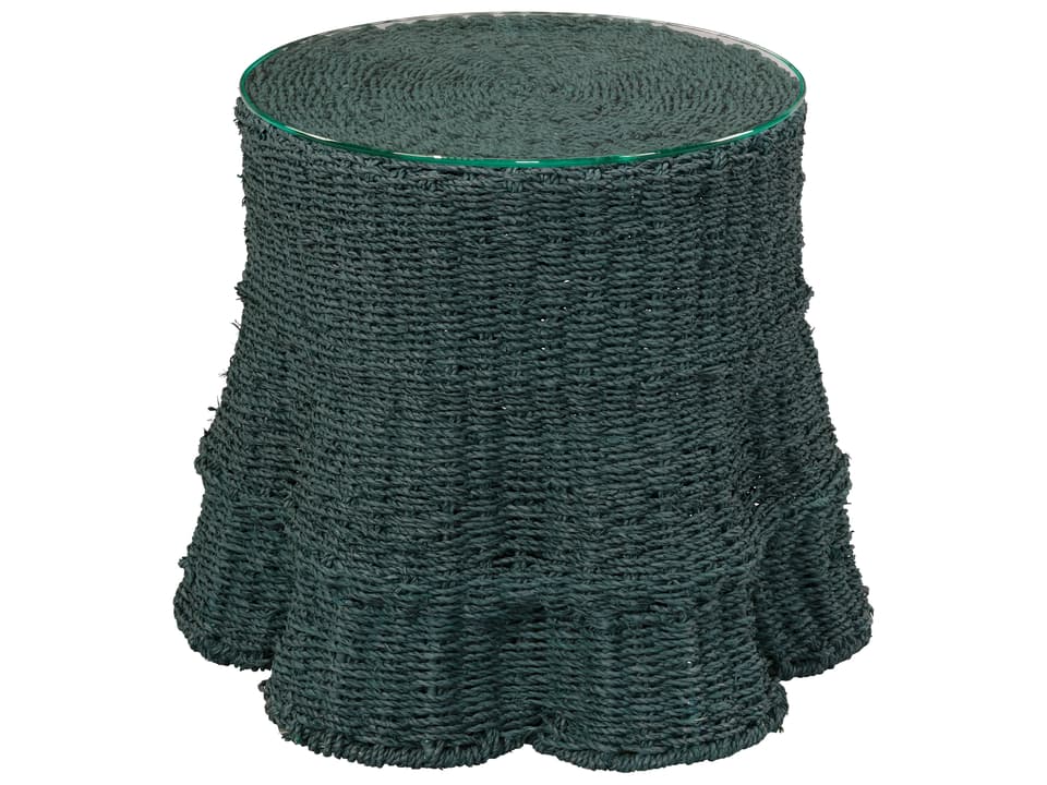Falda Round End Table with Verdigris Seagrass and Glass Top