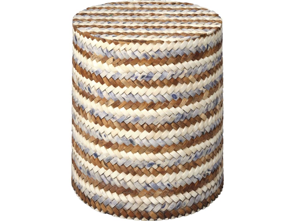 Interwoven Round Wood End Table in Blue White and Natural