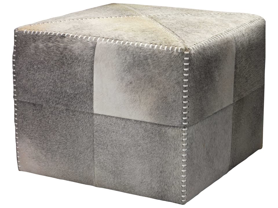 Large Hide Grey Leather Ottoman with Stitched Detail