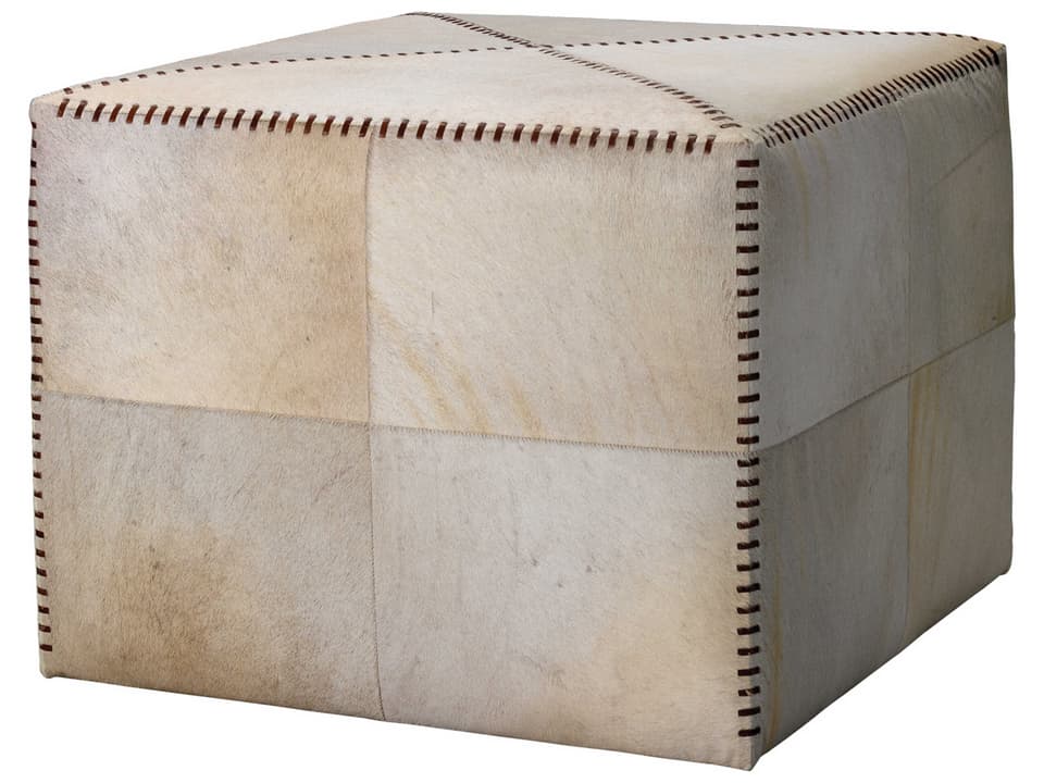 Co Hide Square Ottoman in White with Leather Stitching