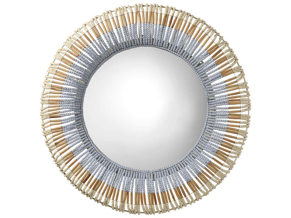 Native Round Wall Mirror with Hand-Carved Wood Beads Natural and Blue