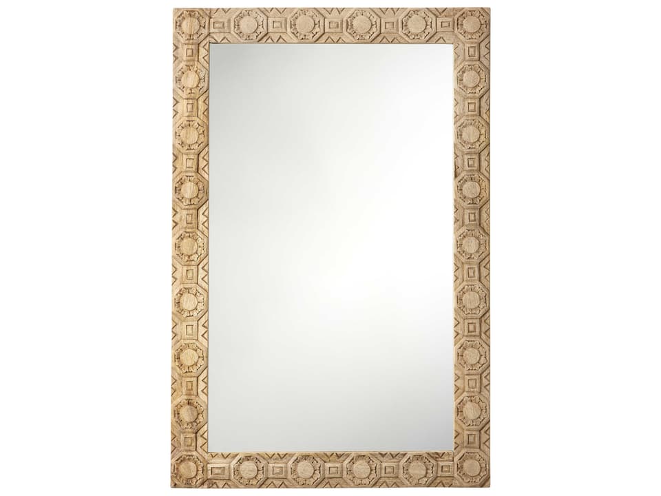 Relief Natural Rectangular Wall Mirror with Hand-Carved Wood Frame