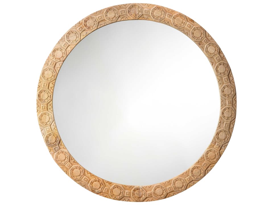 Relief Round Wall Mirror with Hand-Carved Natural Wood Frame