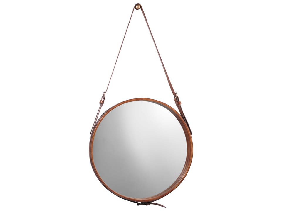 Round Large Brown Leather Mirror