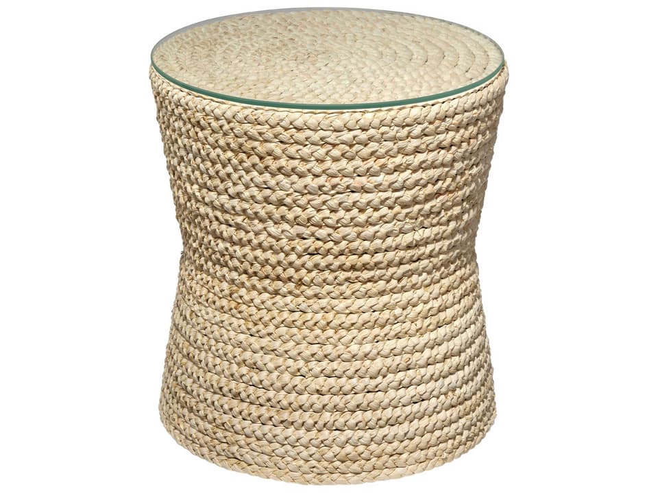 Grain Round Glass End Table with Natural Corn Husk and Tempered Top