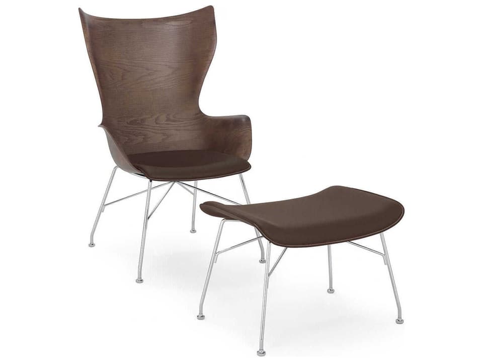 K-wood Slatted Ash Dark Wood / Leather / Chrome Chair and Ottoman Sold