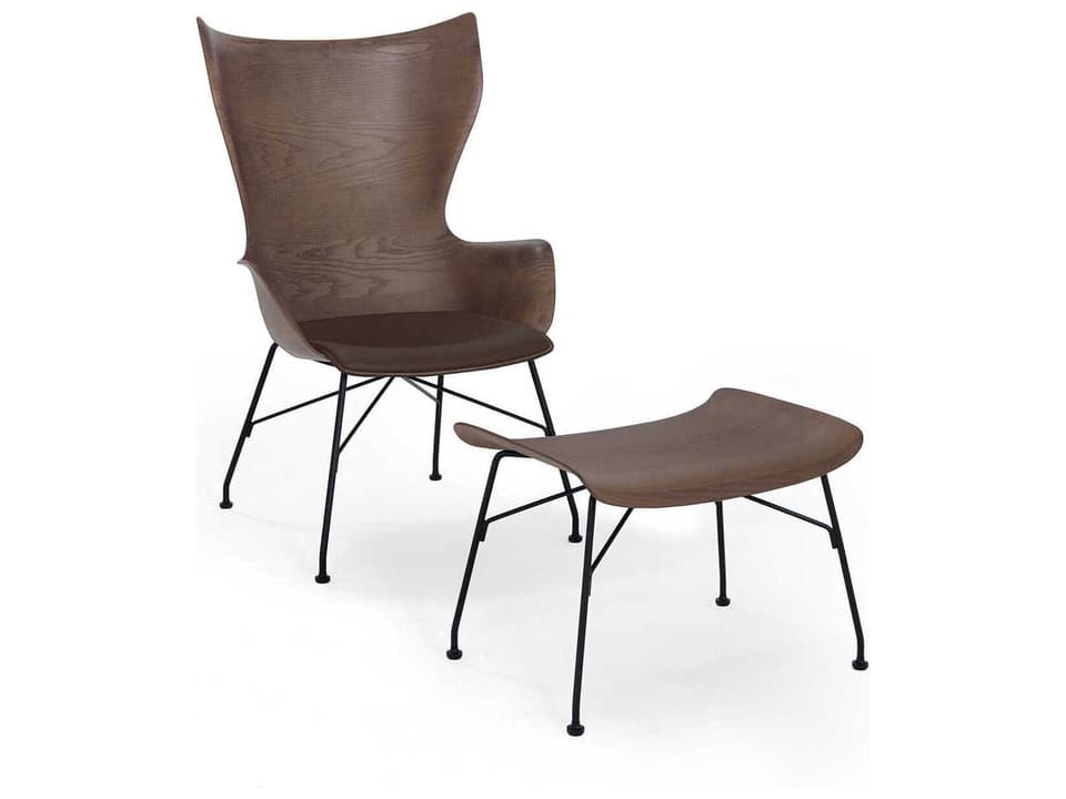 K-wood Slatted Ash Dark Wood / Leather / Black Chair and Ottoman Sold