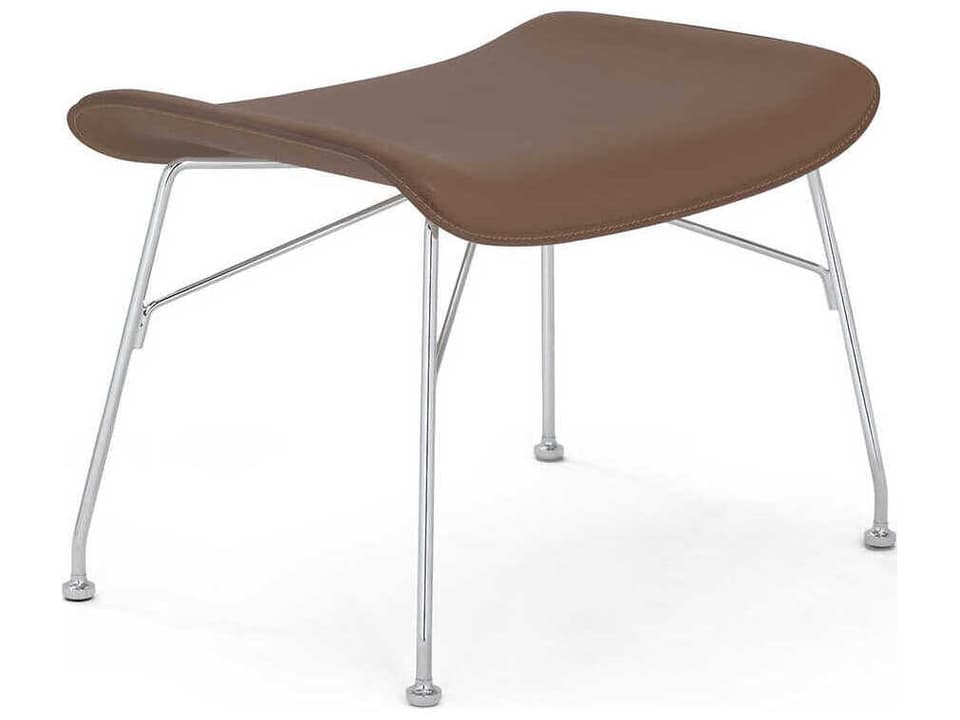 S-wood Slatted Ash Light Wood Leather And Chrome Brown Ottoman