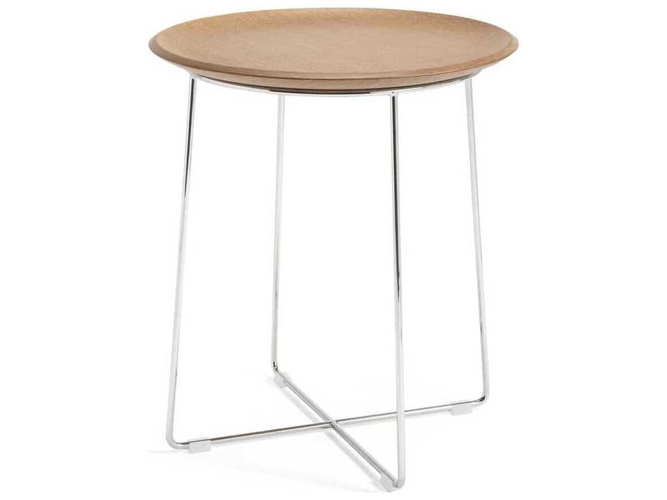 Al Wood Round Light Basic Veneer And Chrome End Table