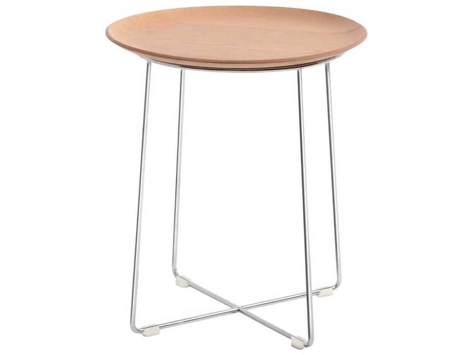 Al Wood Round Light Slatted Ash And Chrome End Table