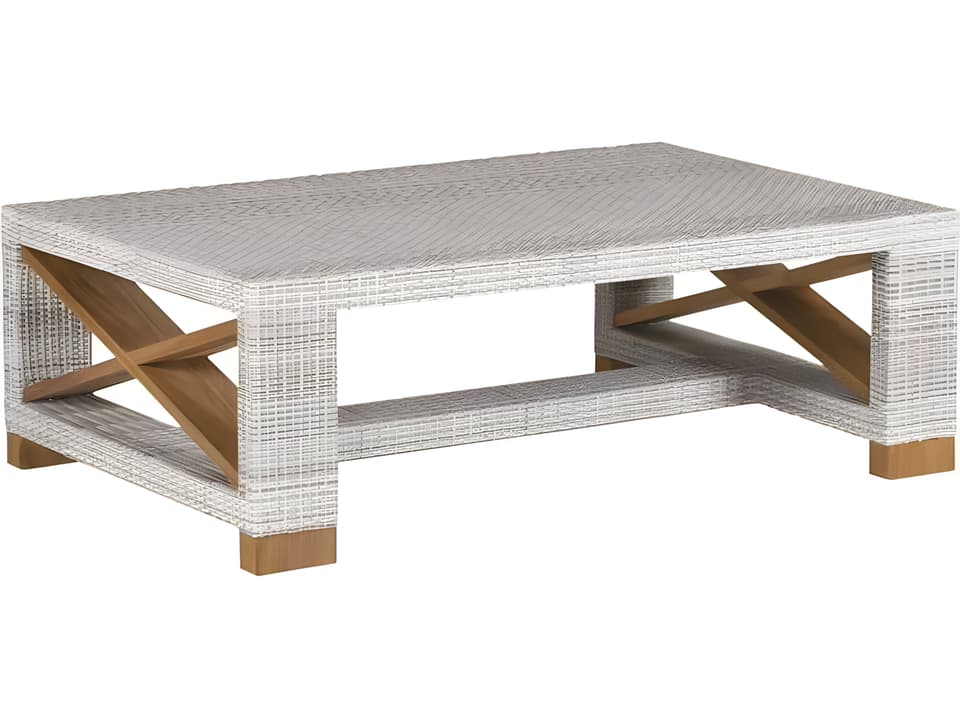 Jupiter 45-Inch Rectangular Teak and Wicker Coffee Table with Glass Top