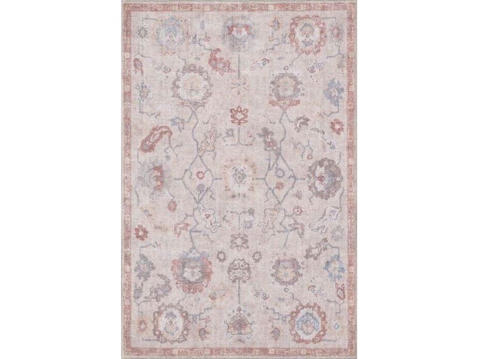 London Washable Area Rug Sand Rust Floral Design