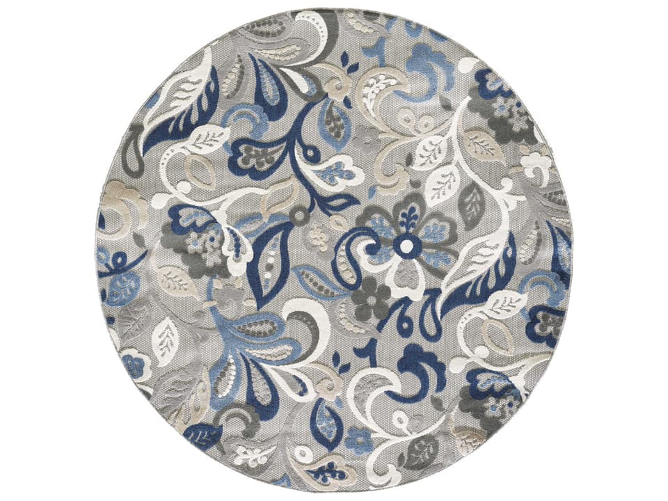 Calla Floral Grey Blue Round Indoor Outdoor Area Rug