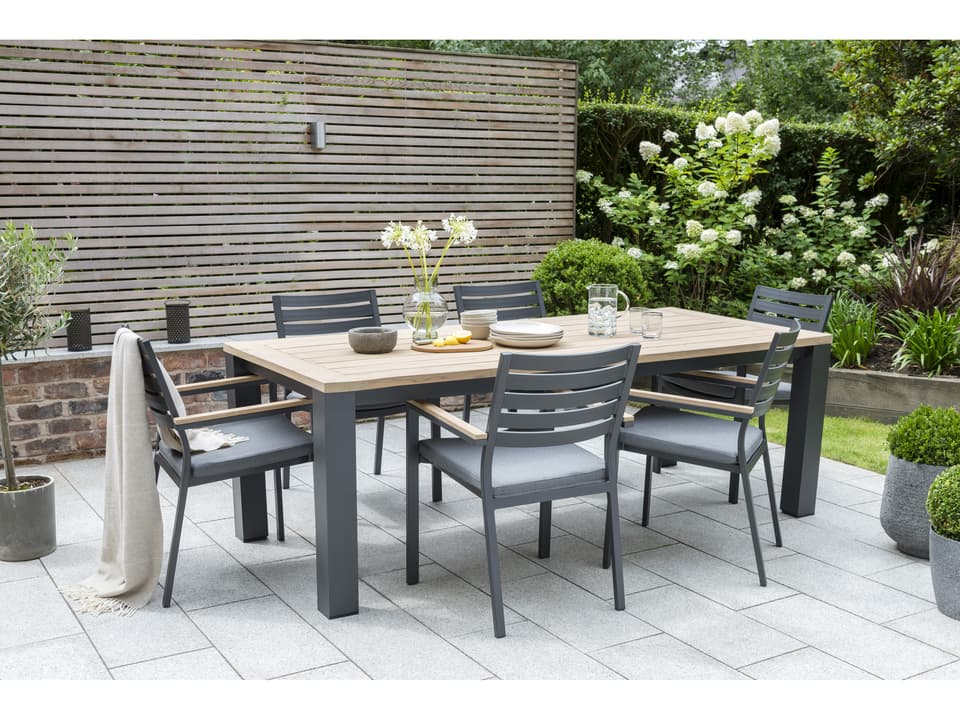 Elba 7 Piece Aluminum Teak Dining Set with Cast Silver Cushions