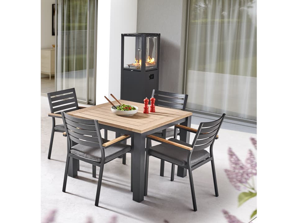 Elba 5-Piece Square Dining Set with Teak Top and Cast Silver Sunbrella