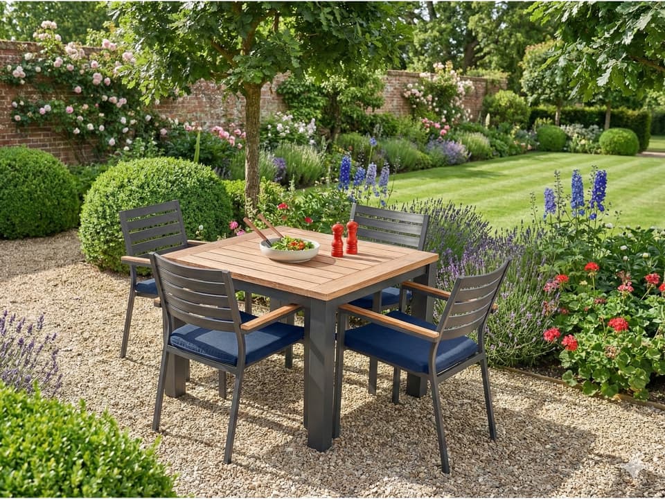 Elba 5-Piece Square Dining Set with Teak Top and Spectrum Indigo Cushions