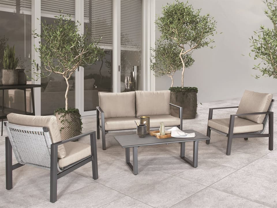 Larno 4-Piece Outdoor Aluminum Cushion Lounge Set in Charcoal with Cast Silver Sunbrella