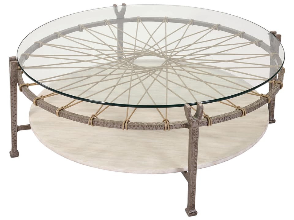 Hemingway Round Aluminum Coffee Table with Woven Detail and Glass Top