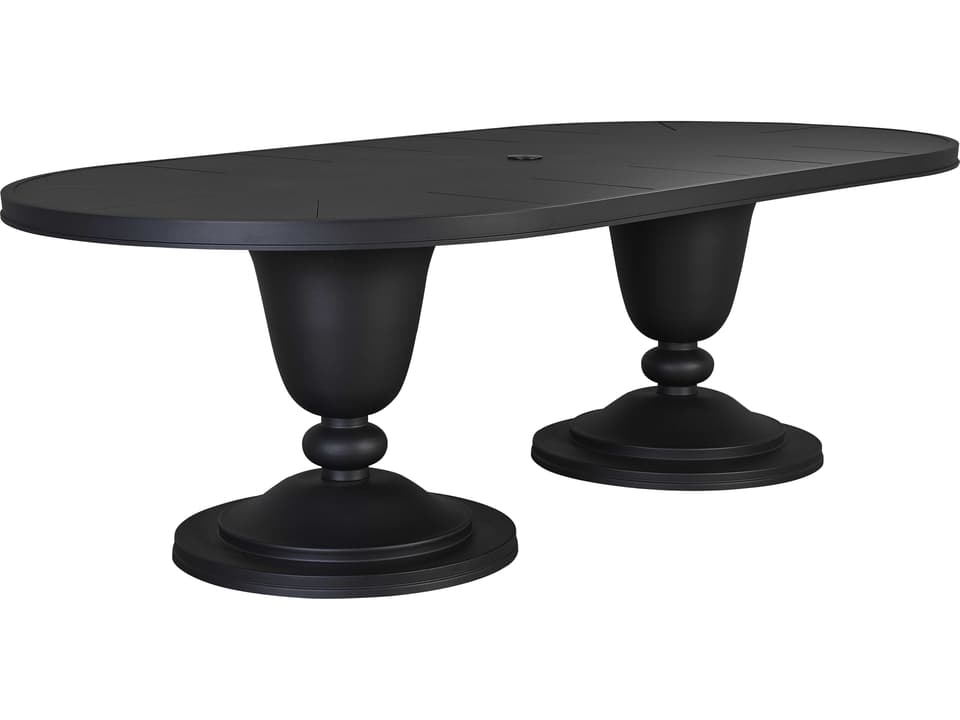 Winterthur Obsidian Black Aluminum Oval Double Pedestal Patio Dining Table with Umbrella Hole