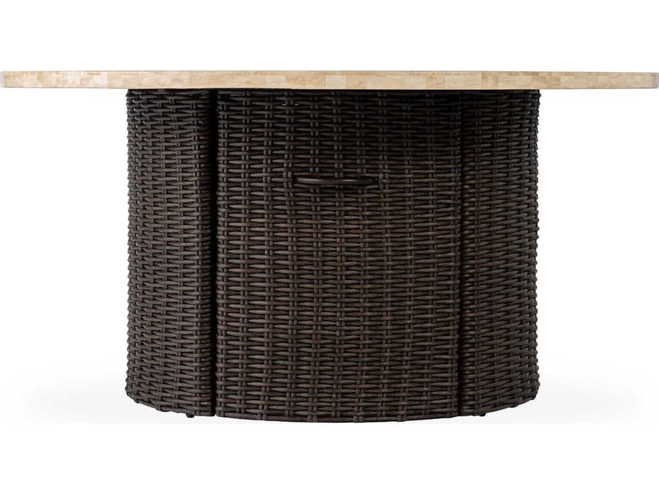 Mesa 48 Inch Round Wicker Fire Pit Table with Travertine Top in Pecan