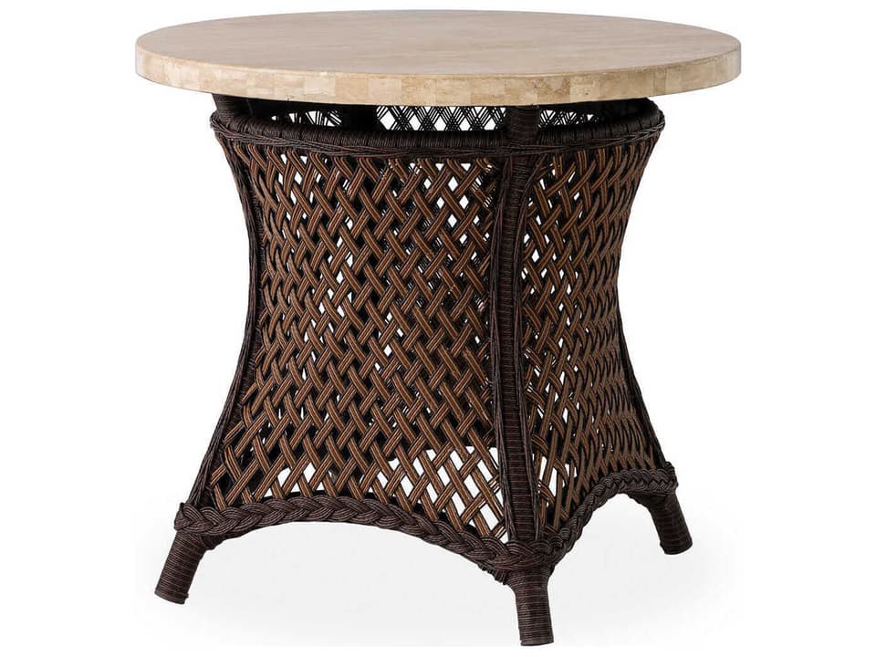 Grand Traverse 24-Inch Round Wicker End Table with Light Travertine Top