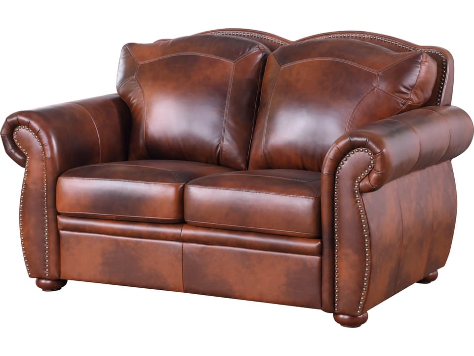 Arizona Top Grain Leather Loveseat in Marco Medium Brown with Nailhead Trim