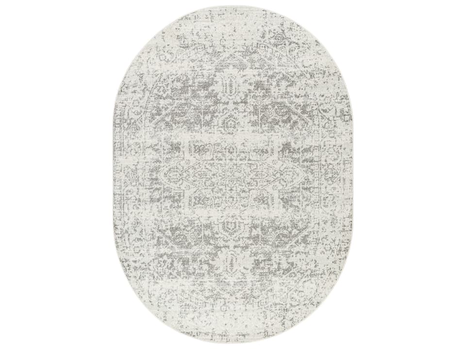 Harput Oval Bordered Area Rug in Charcoal and Light Gray