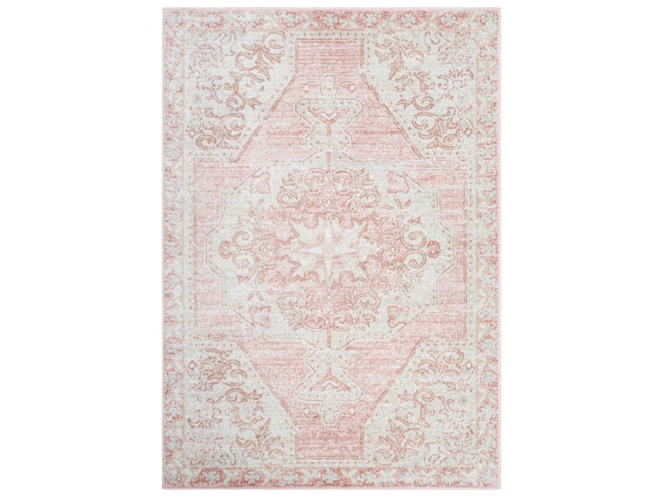 St Tropez Bordered Area Rug in Pale Pink Plum and Light Beige