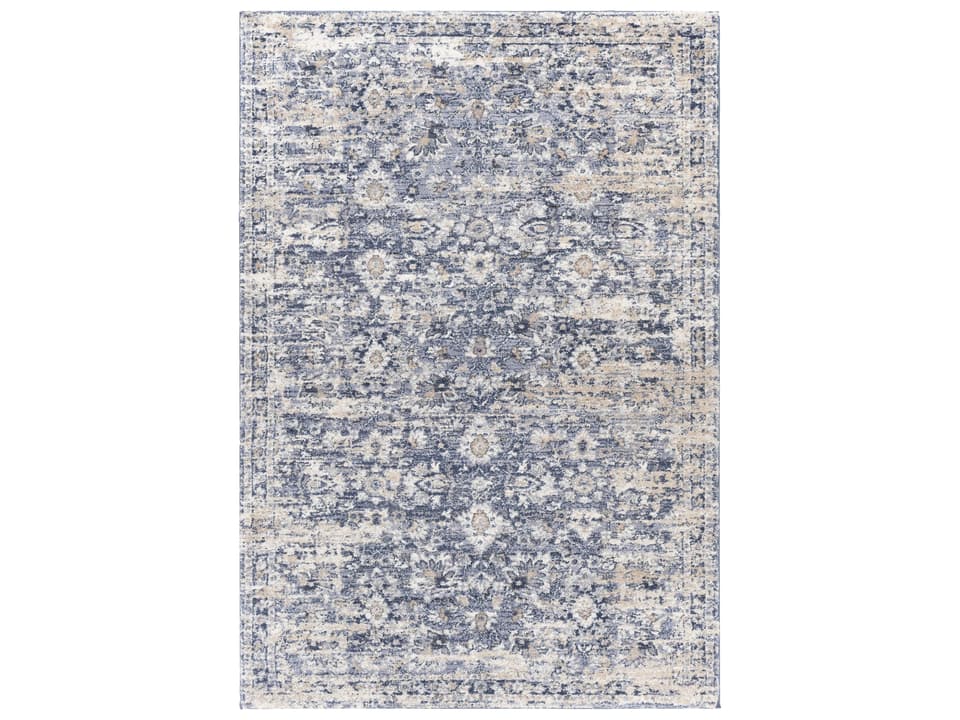 Tuscany Bordered Area Rug in Dark Blue and Tan