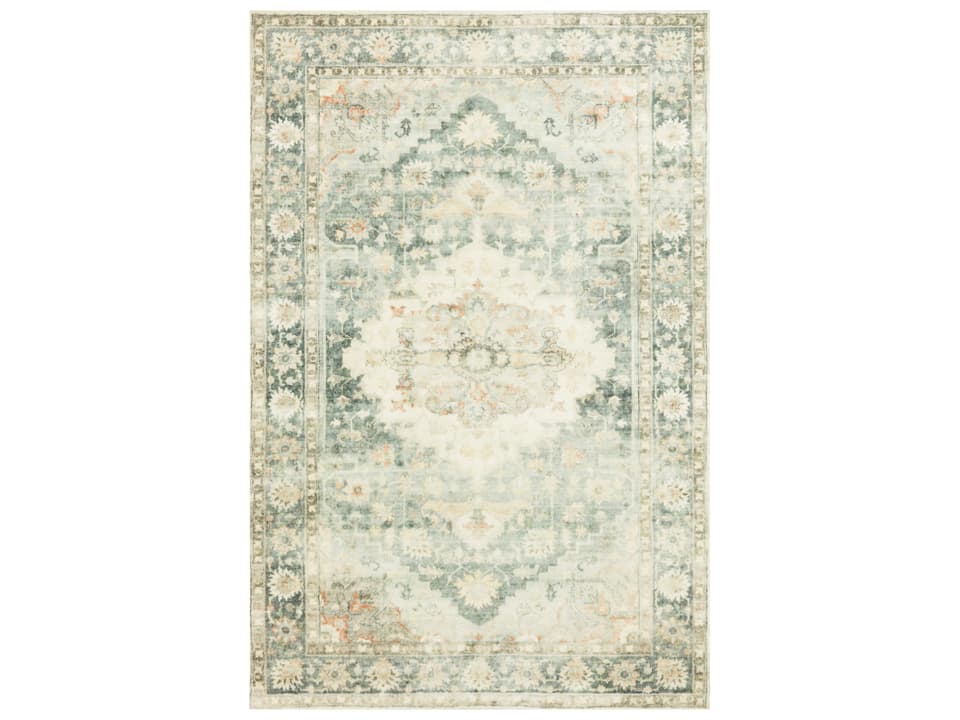Rosette Bordered Runner Area Rug in Teal and Ivory