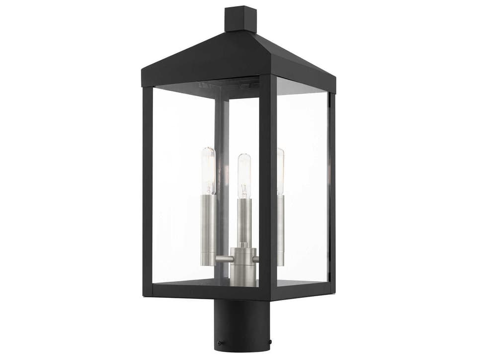 Nyack 3-Light Outdoor Post Top Lantern in Black with Brushed Nickel Cluster