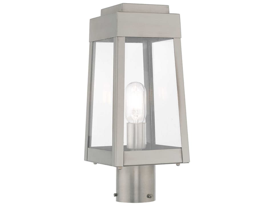 Oslo 1-Light Outdoor Post Lantern in Brushed Nickel with Clear Glass