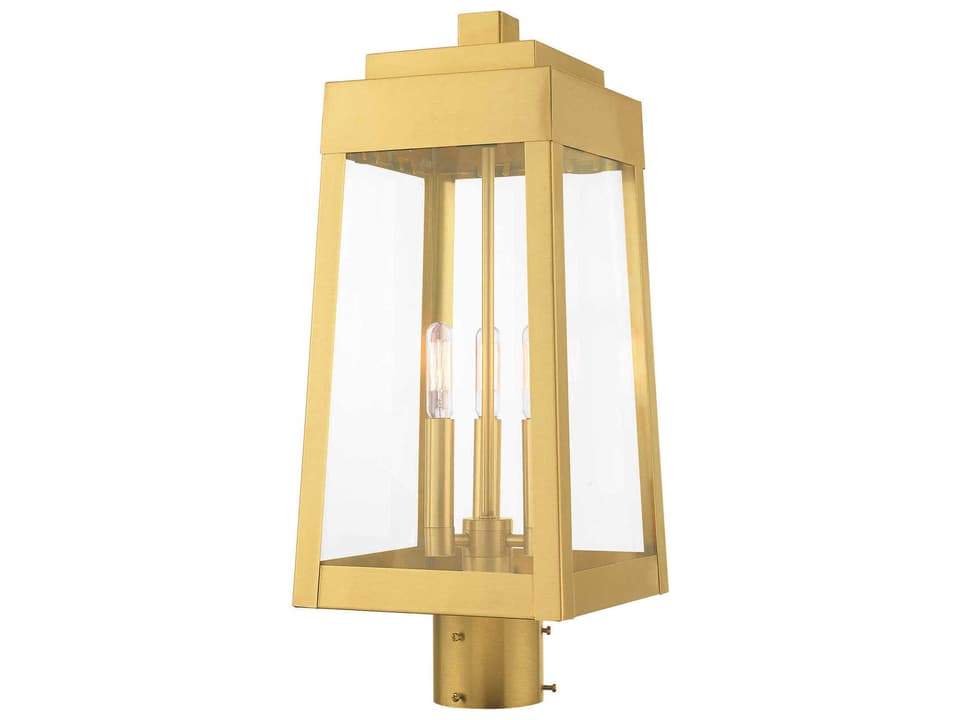 Oslo 3-Light Outdoor Post Light in Satin Brass with Clear Glass
