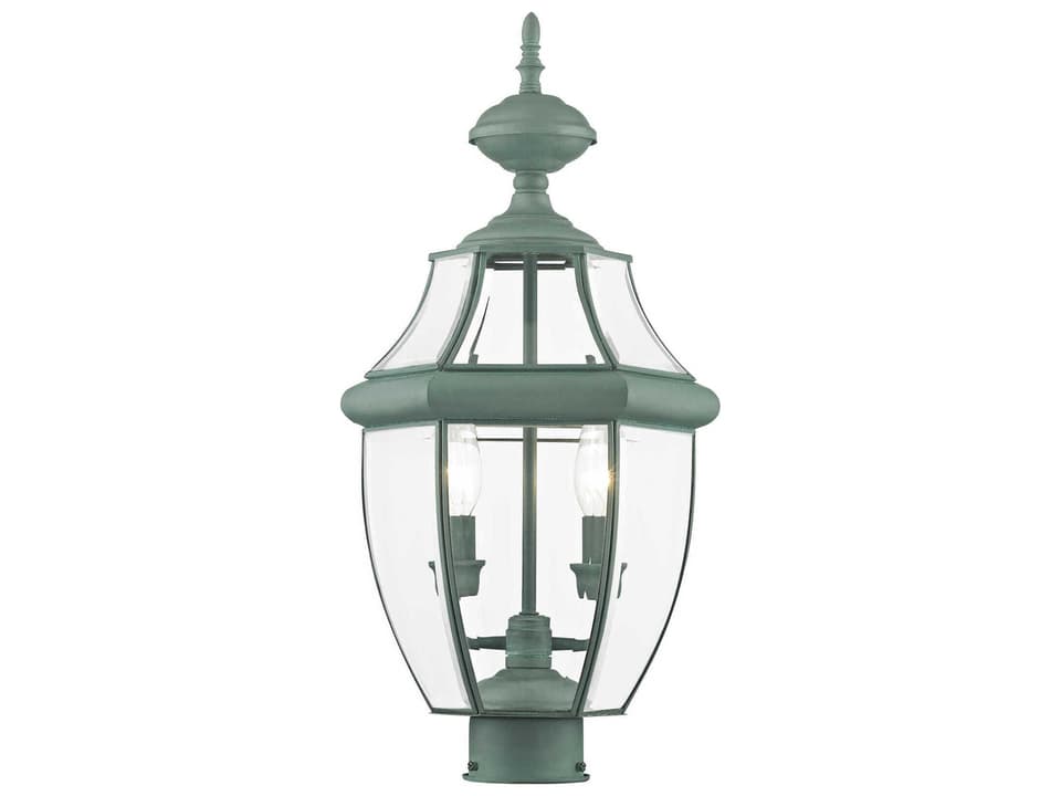 Monterey 2-Light Outdoor Post Lantern in Verdigris with Clear Beveled Glass
