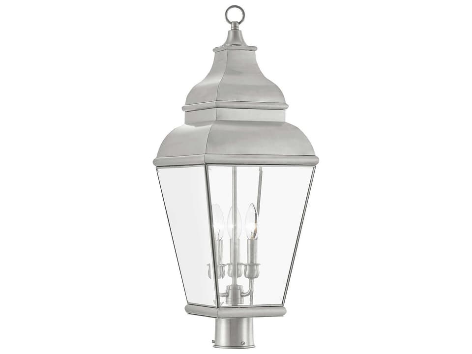 Exeter 3-Light Outdoor Post Light in Brushed Nickel with Clear Beveled Glass
