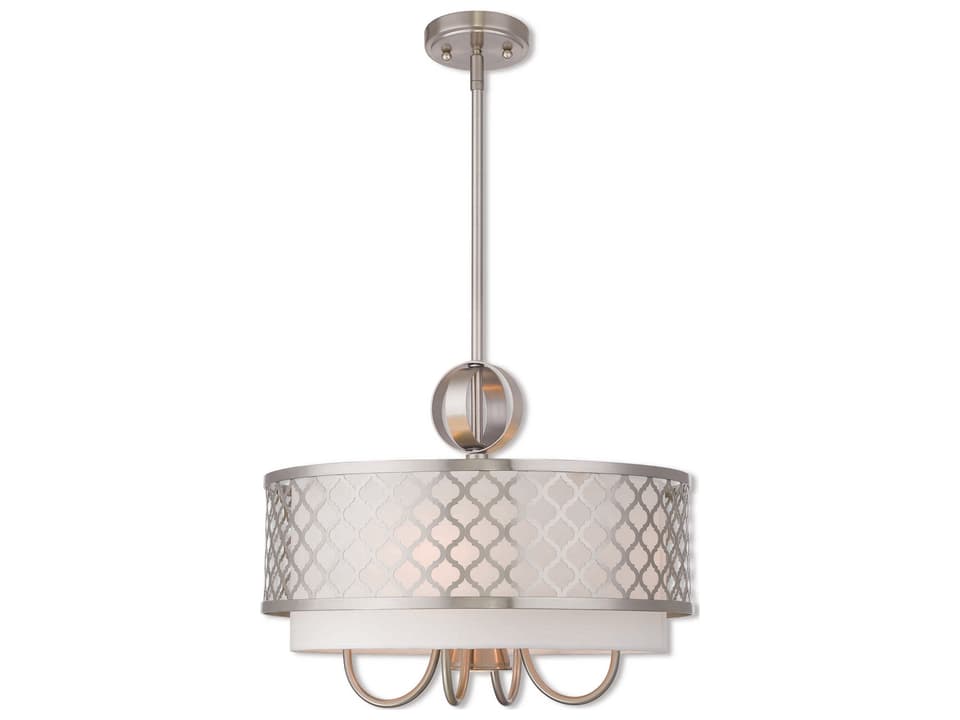 5-Light Arabesque Chandelier in Brushed Nickel with White Drum Shade