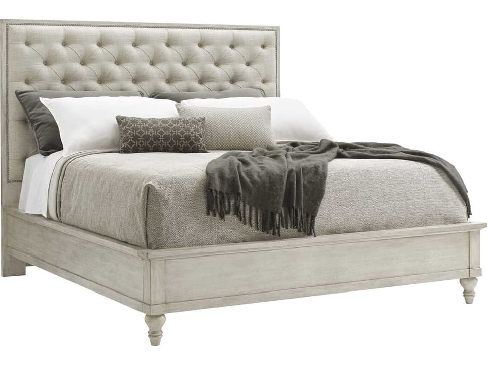 Sag Harbor Tufted Upholstered King Bed with Nailhead Trim Oyster Shell Finish